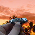 Hand holding a metallic bracelet with palm trees and sunset in the background